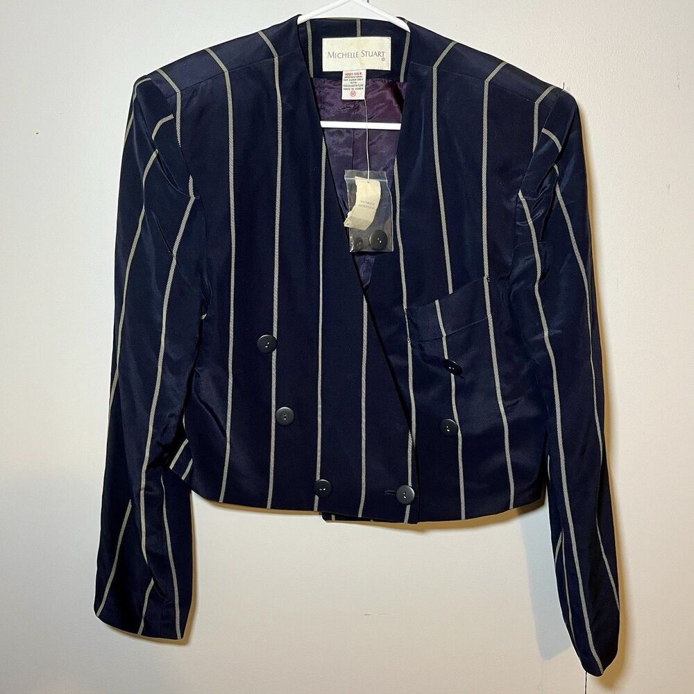 Vintage Michelle Stuart Size 12 Navy Blue Stripe 100% Silk Blazer Jacket NWT